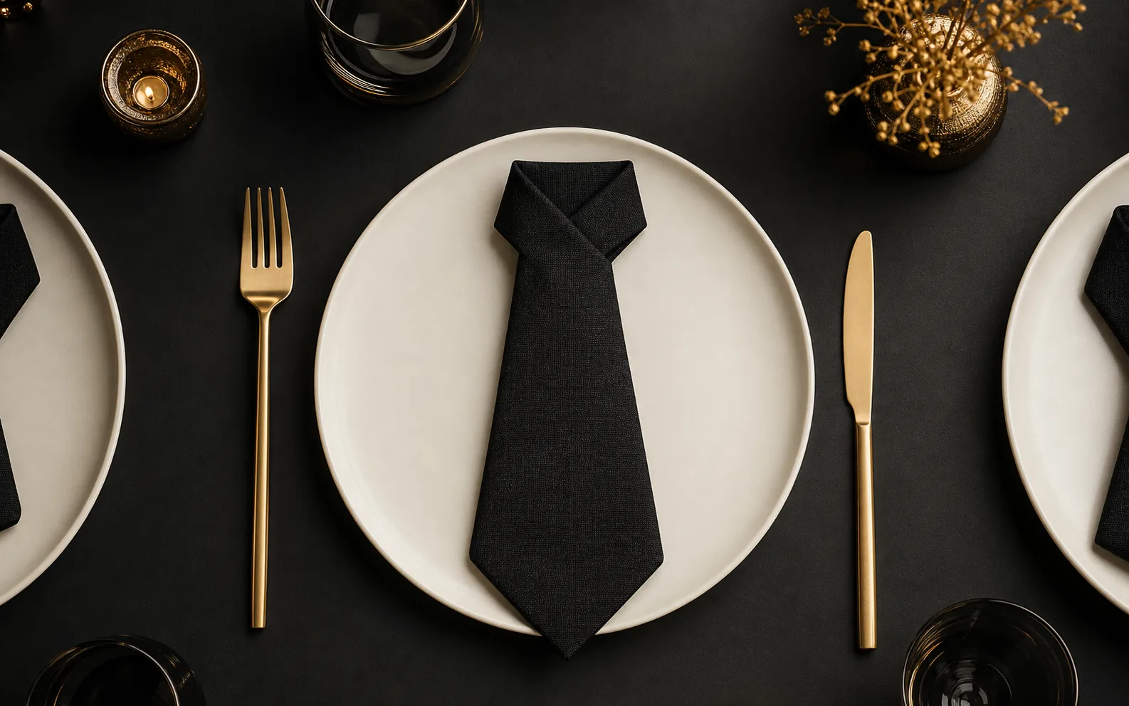 An executive lunch place setting with a black tie napkin and gold cutlery
